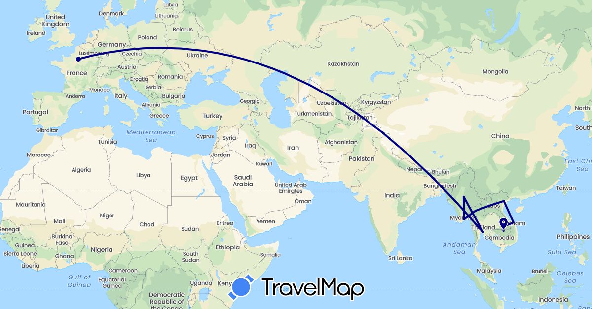 TravelMap itinerary: driving in France, Laos, Myanmar (Burma), Thailand, Vietnam (Asia, Europe)